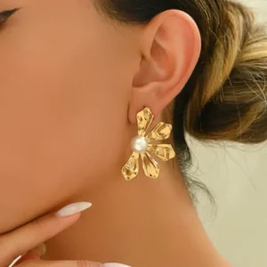Golden Petal Grace – Hammered Floral Statement Earrings with Pearl
