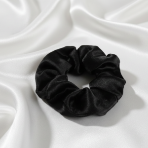 Single large 10cm black satin silk scrunchie on white silk background