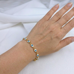 Protective Aura 18k gold plated evil eye charm bracelet with blue and white enamel itBlinx
