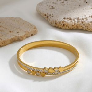 Eternal Heart 18k gold PVD coated 304 stainless steel hinge bangle with zircons and heart details itBlinx