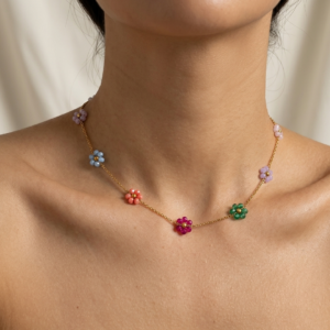 Multi-Color Blossom 18k gold PVD coated 304 stainless steel necklace with colorful crystal and pearl flower charms itBlinx