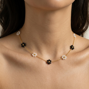 Noir Blossom 18k gold PVD coated 304 stainless steel necklace with black crystal and white pearl flower charms itBlinx