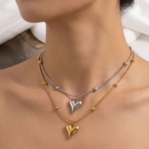 Eternal Aura 18k gold PVD coated 304 stainless steel necklace with puffy heart pendant and beaded snake chain itBlinx