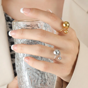 Cosmos Ball Open Statement Ring adjustable 18k gold and silver PVD coated 304 stainless steel open rings with two spheres itBlinx
