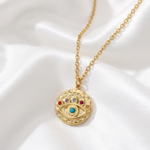 Divine Eye 18k gold electroplated 201 stainless steel medallion necklace with colorful evil eye detail itBlinx