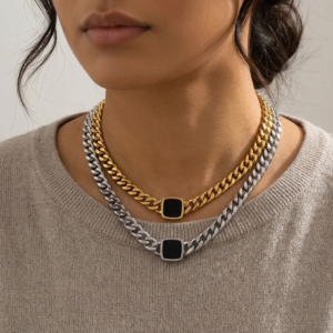 Noir Aura 18k gold PVD coated 304 stainless steel cuban link necklace with square black center in gold and silver itBlinx